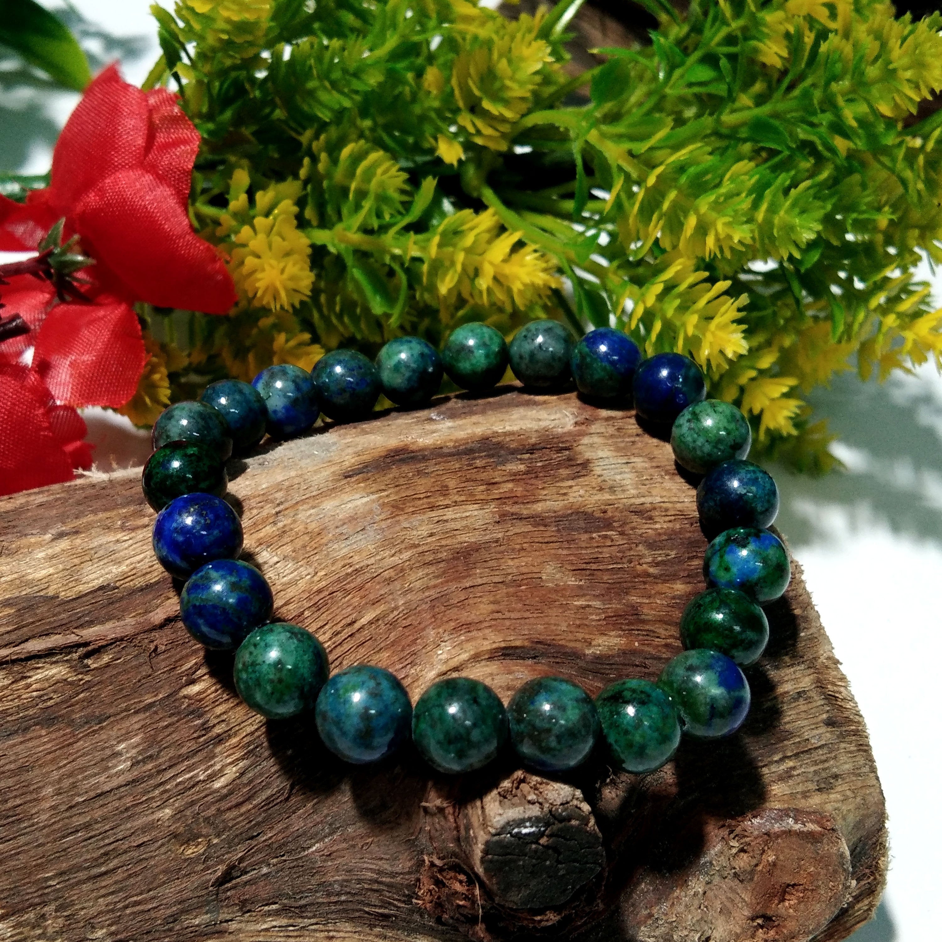 Azurite Malachite Gemstone Bracelet, Friendship Bracelet, Healing Crystal Beaded Bracelet, Men & Women Round Bracelet Size 8x8 mm Stone